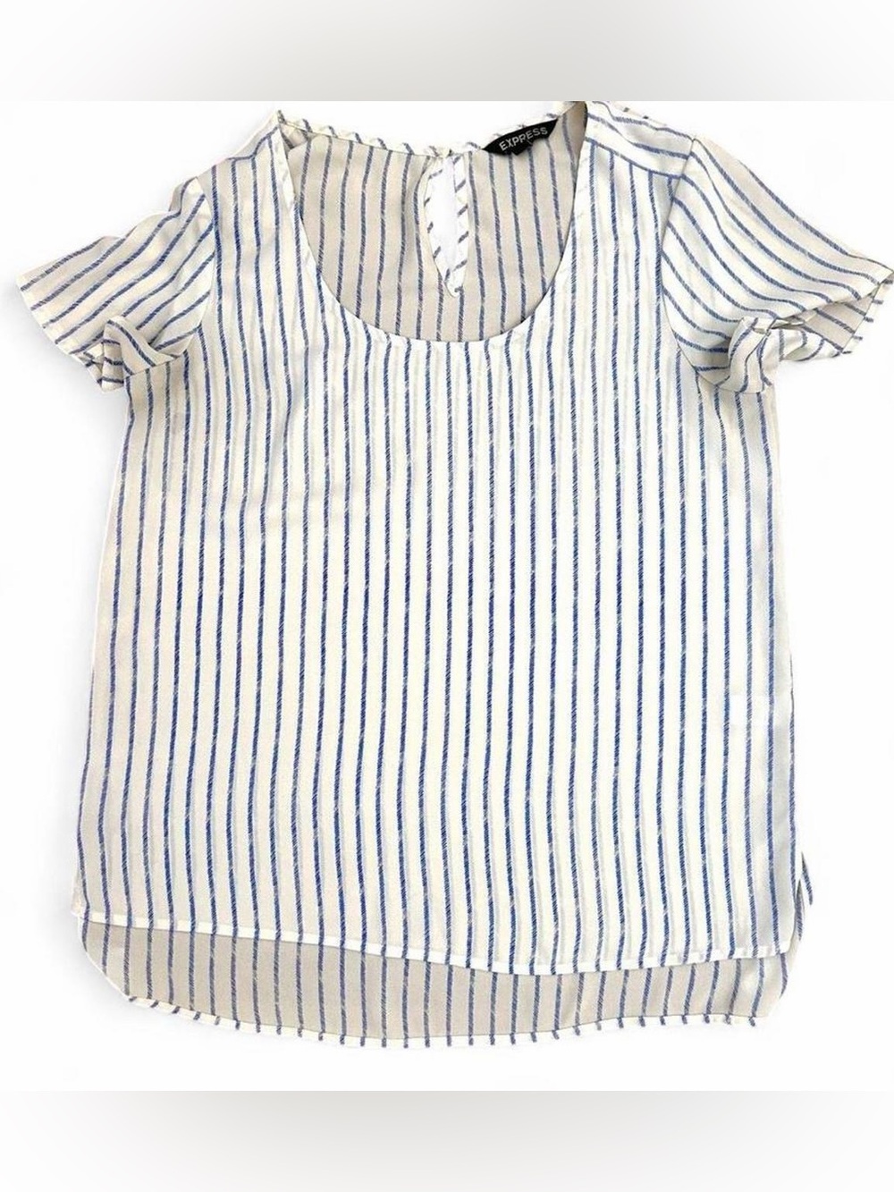 Express Dainty Striped Blouse in Blue and White w beautiful round neckline - S